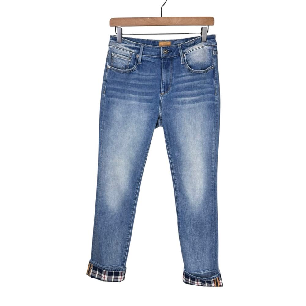 Driftwood Colette Plaid Flannel Cuffed Medium Wash Denim Cropped Mid Rise Jeans